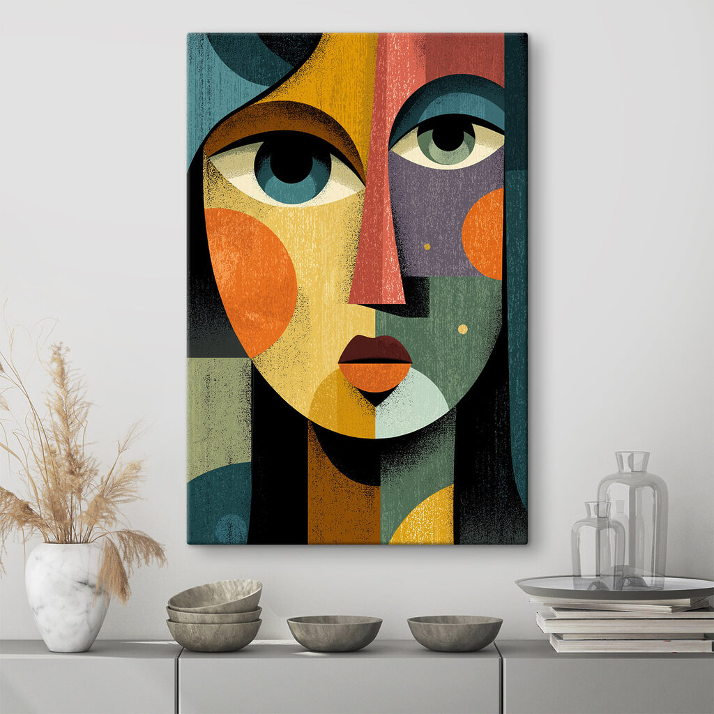 Œil bleu, formes anguleuses dans un intérieur