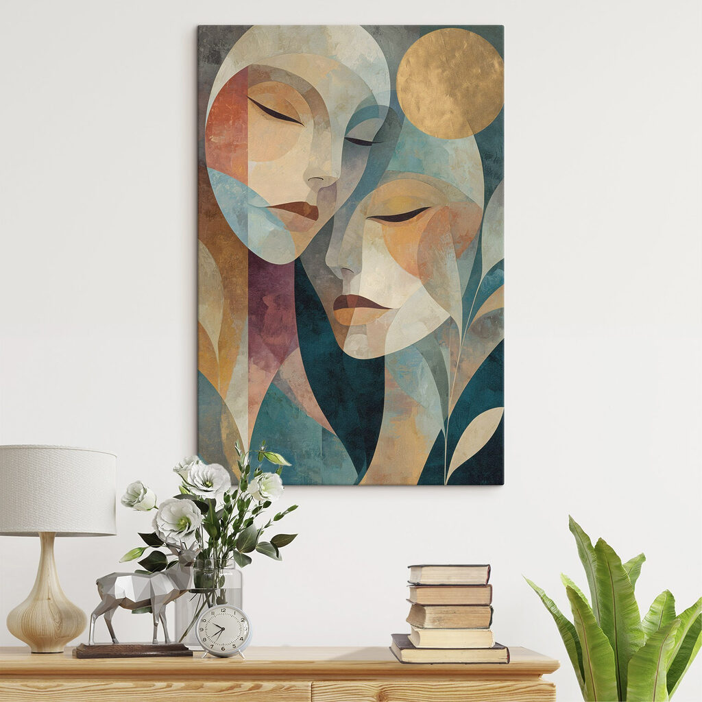 Deux visages, soleil doré dans un intérieur