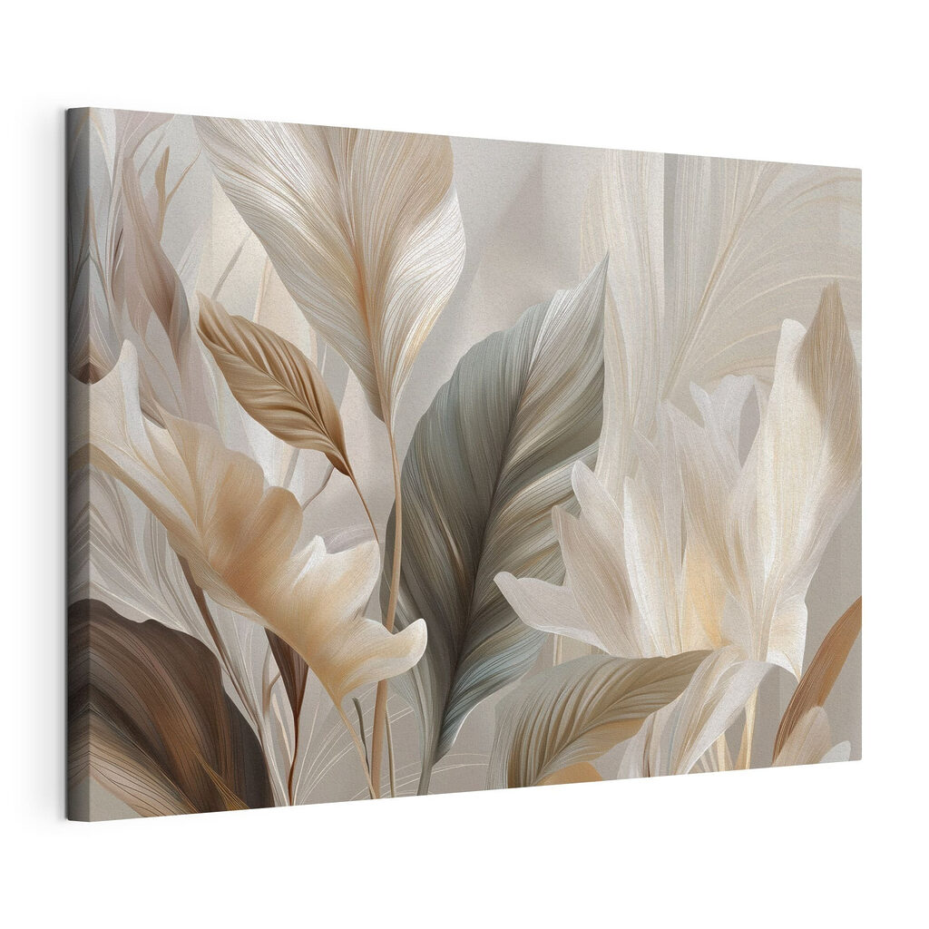 Feuilles crème et vert, toile tendue et bord enveloppé