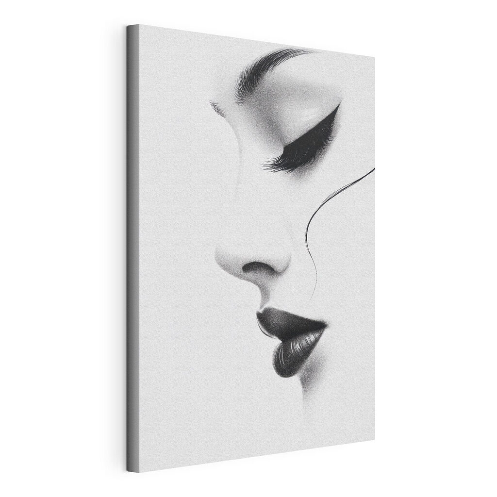 Profil féminin monochrome, toile tendue et bord enveloppé