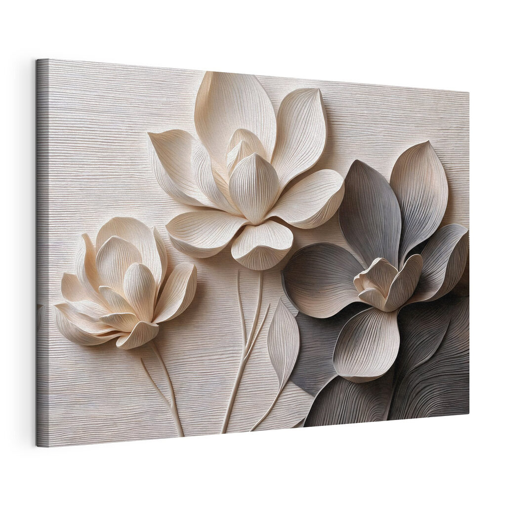 Trois fleurs monochromes, toile tendue et bord enveloppé