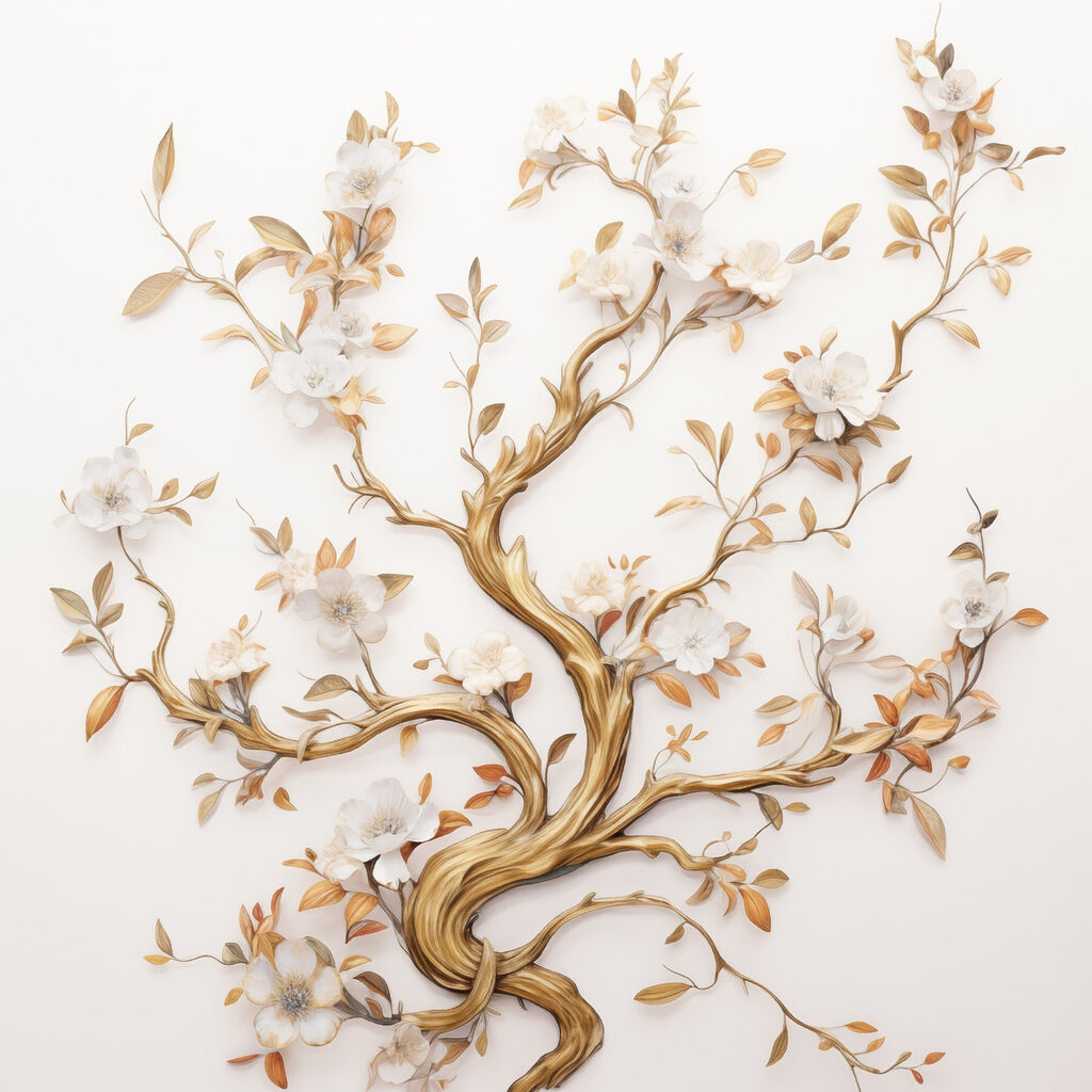 Arbre fleuri, tronc doré — motif complet