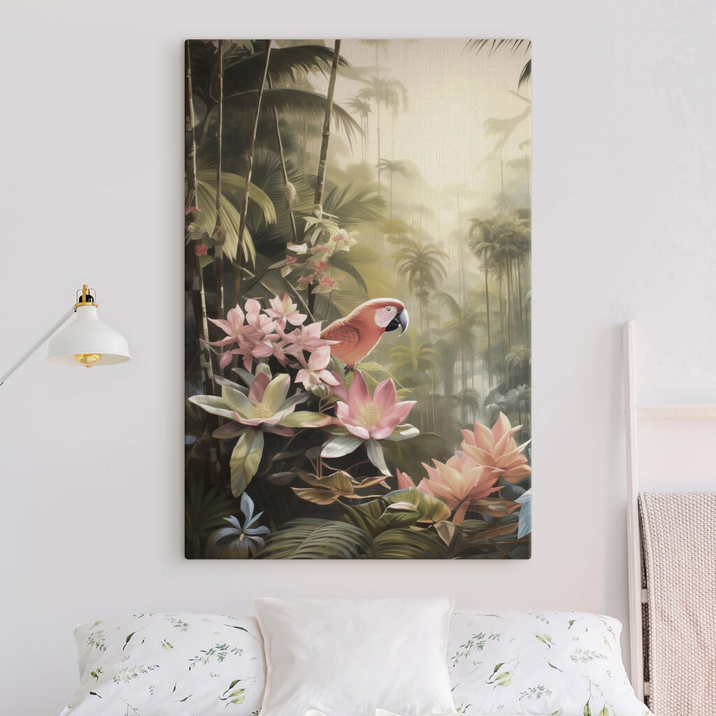 Perroquet parmi les lotus dans un intérieur