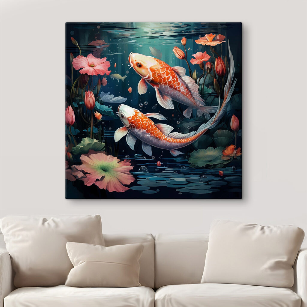 Koïs et fleurs aquatiques dans un intérieur