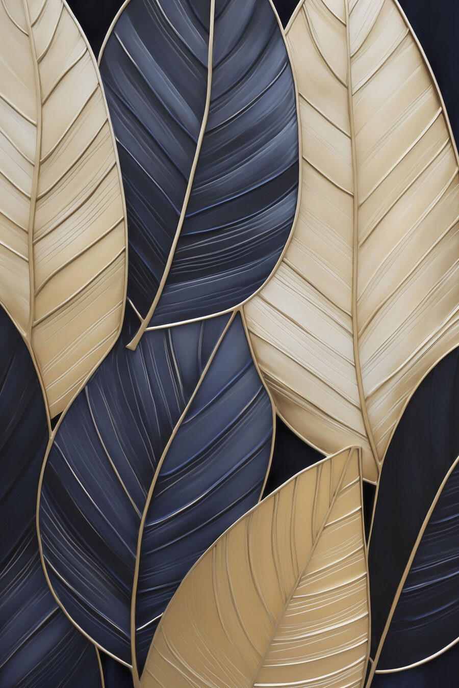 Feuilles bleues nervurées d’or — motif complet