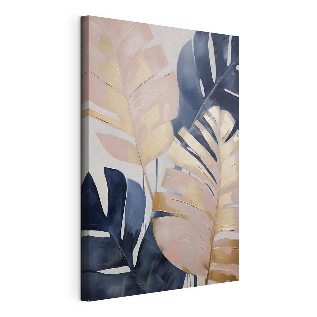 Monstera bleu et rose, toile tendue et bord enveloppé