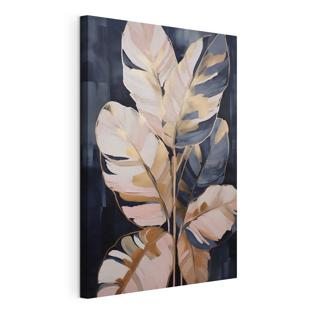 Feuilles claires, bleu nuit, toile tendue et bord enveloppé