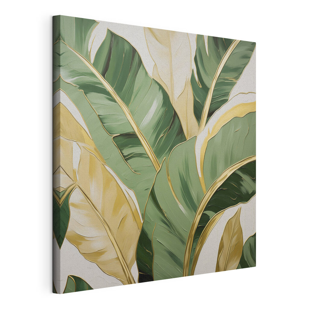 Feuilles vertes bordées d’or, toile tendue et bord enveloppé