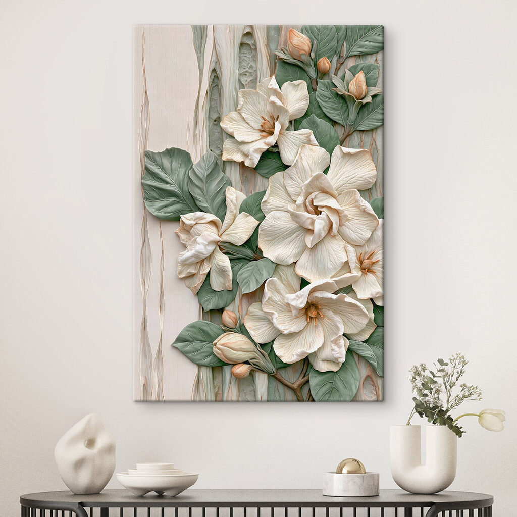 Fleurs blanches en relief — intérieur 1