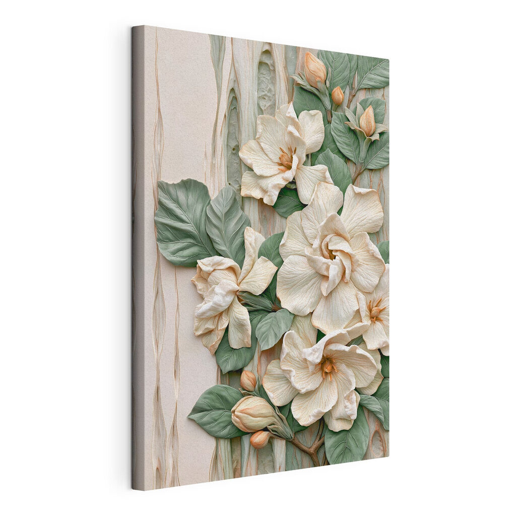 Fleurs blanches en relief, toile tendue et bord enveloppé