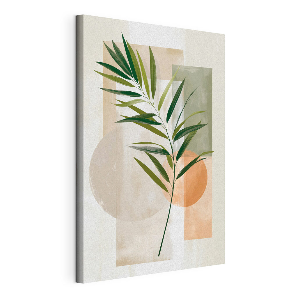 Palme et géométrie douce, toile tendue et bord enveloppé