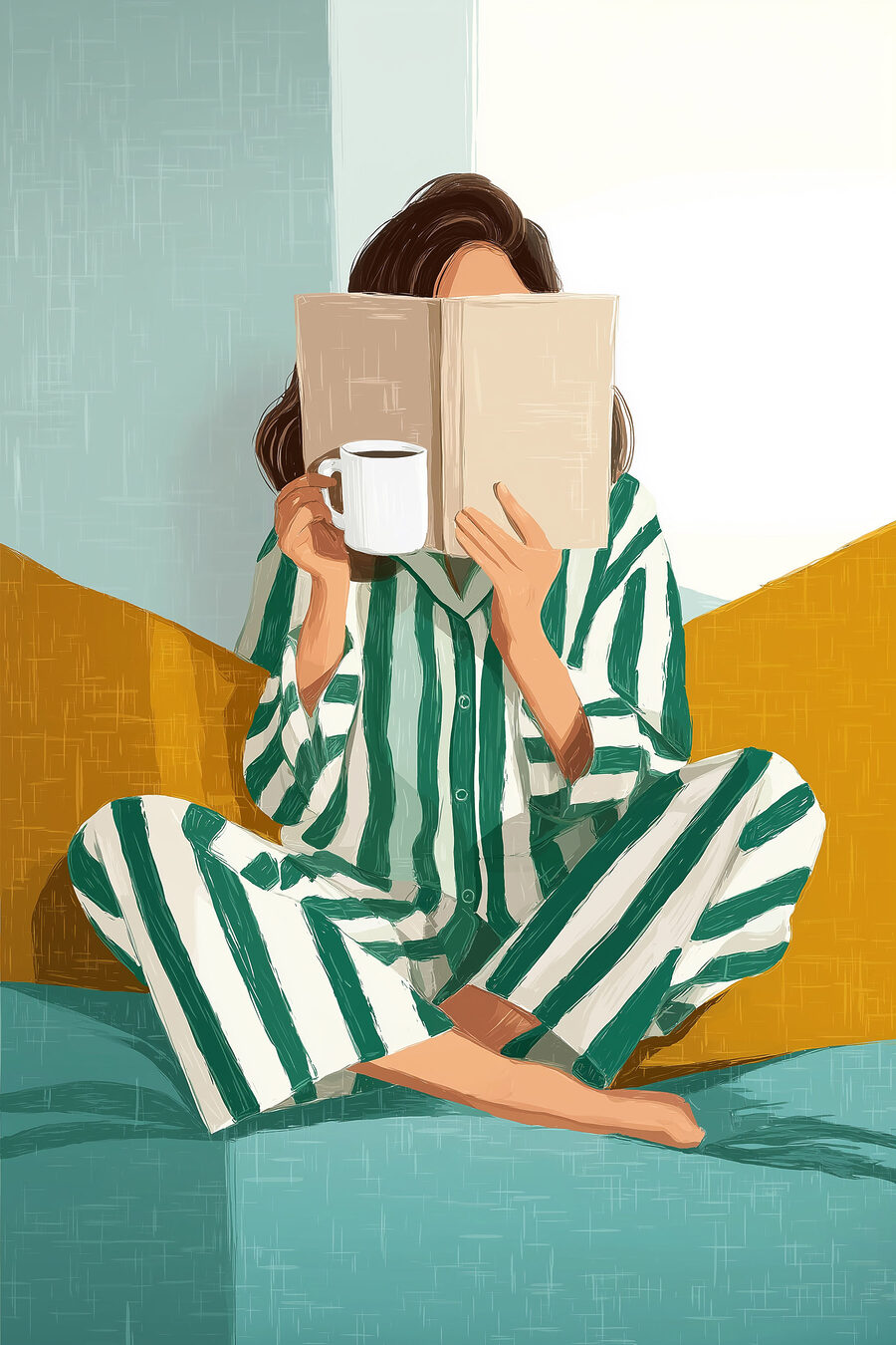 Lecture en pyjama rayé — motif complet