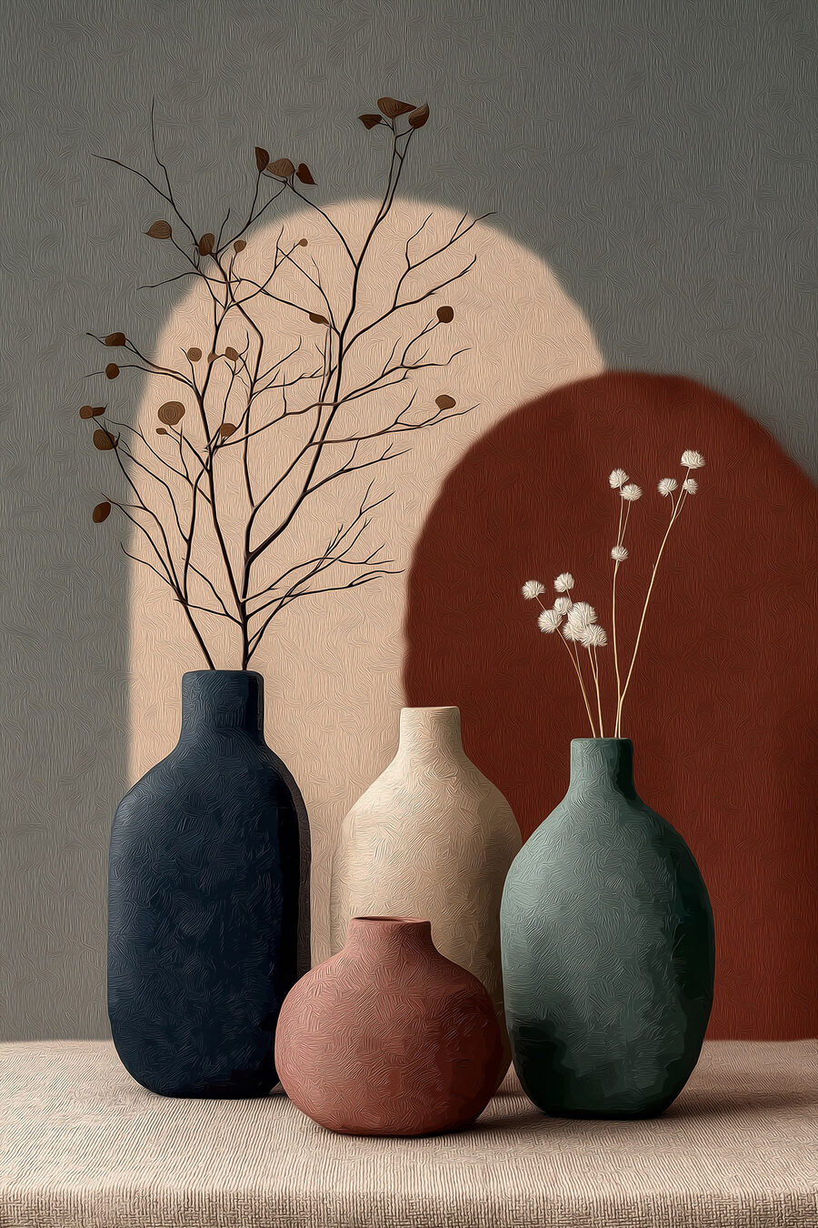 Vases et fines branches — motif complet
