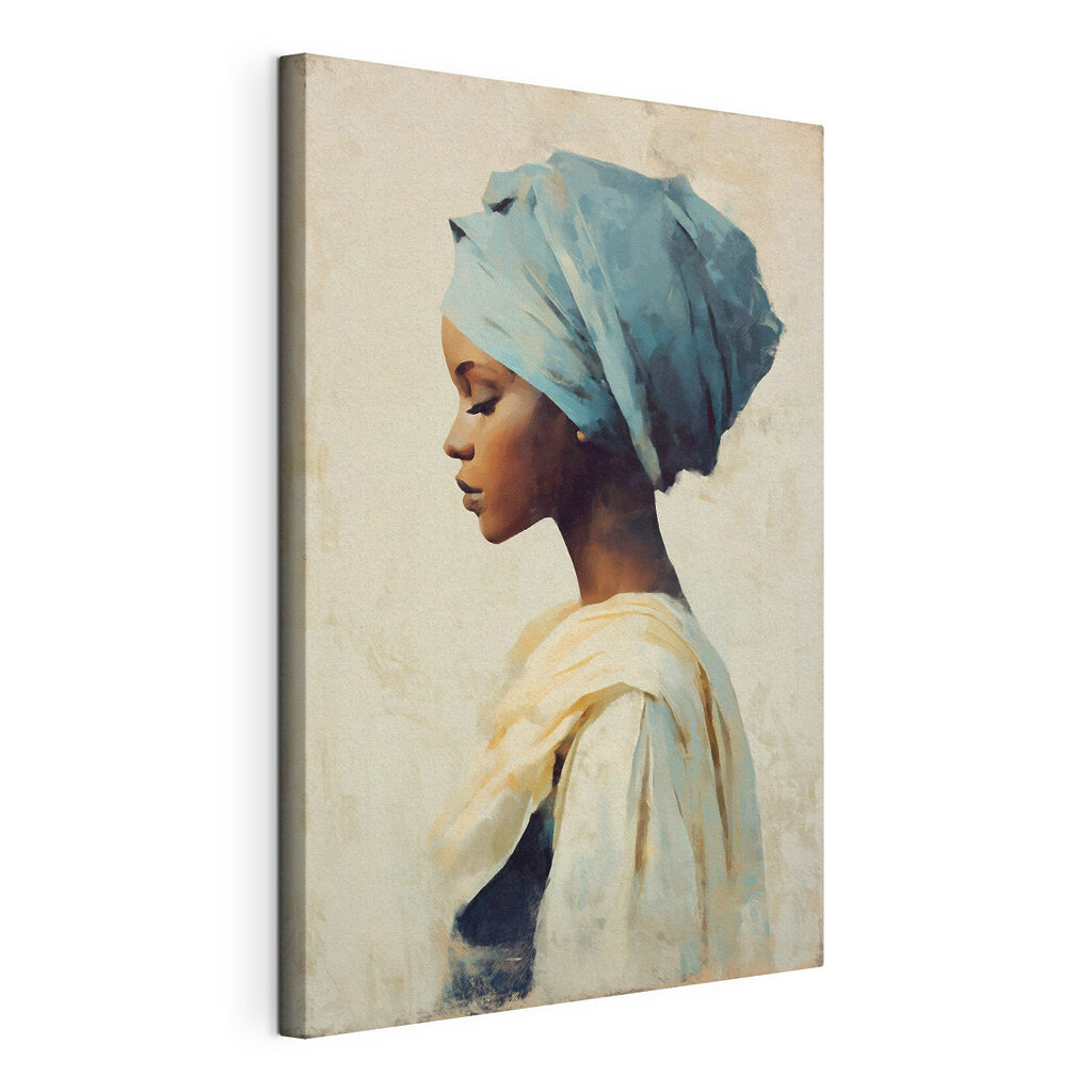 Femme au foulard bleu, toile tendue et bord enveloppé