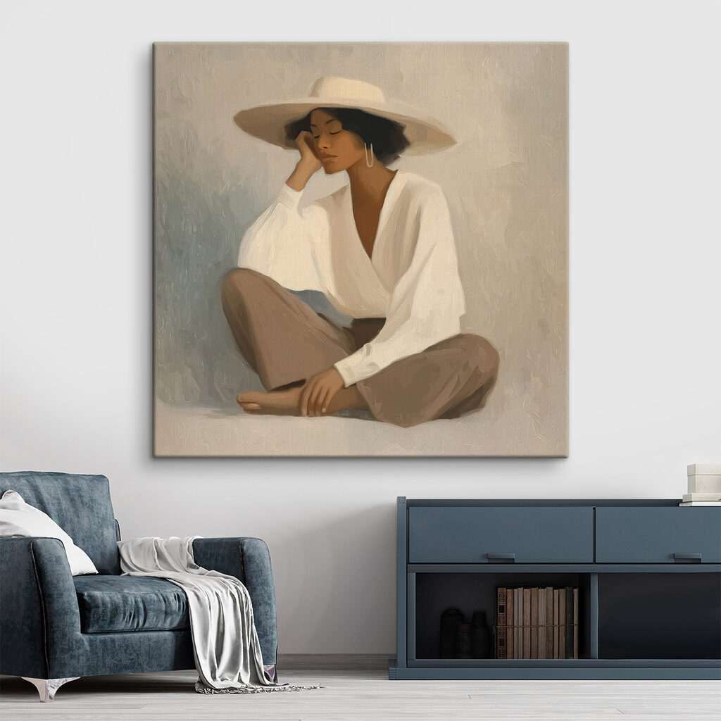 Femme assise au chapeau dans un intérieur