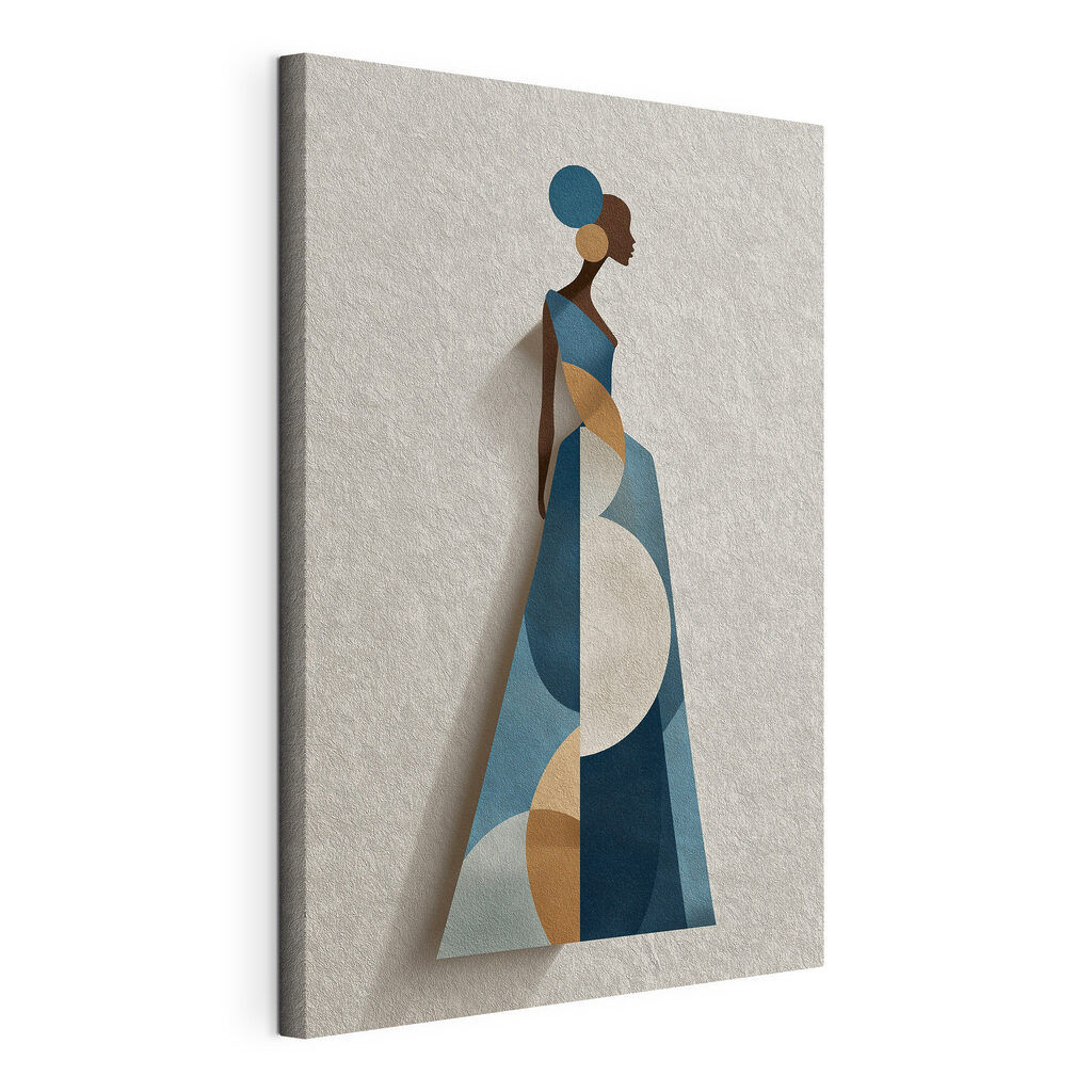 Longue robe bleue, toile tendue et bord enveloppé