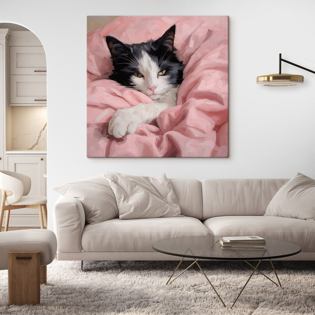 Chat sur couverture rose dans un intérieur