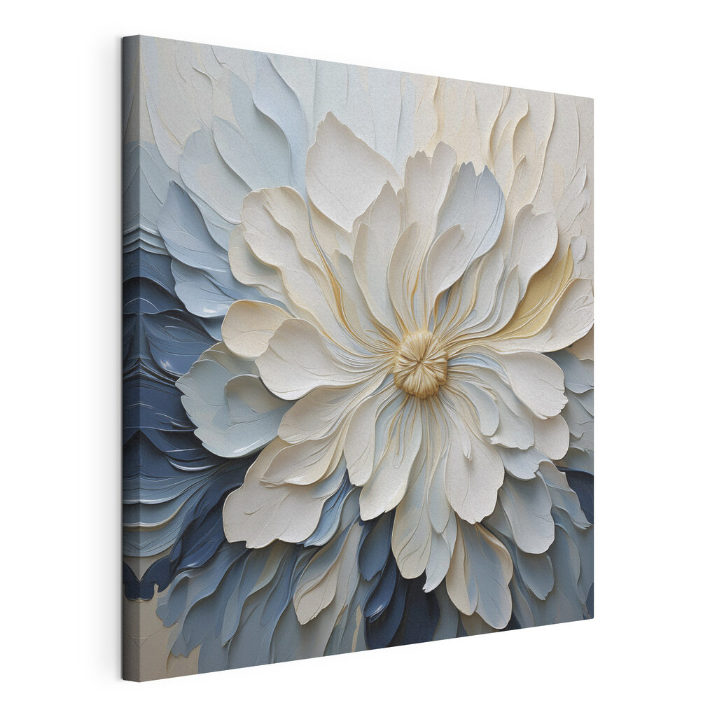Fleur blanche, tons bleus, toile tendue et bord enveloppé