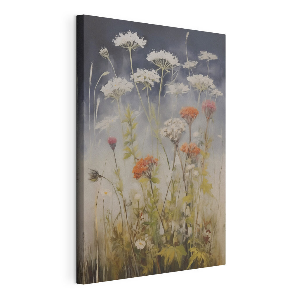 Ombelles blanches et herbes, toile tendue et bord enveloppé