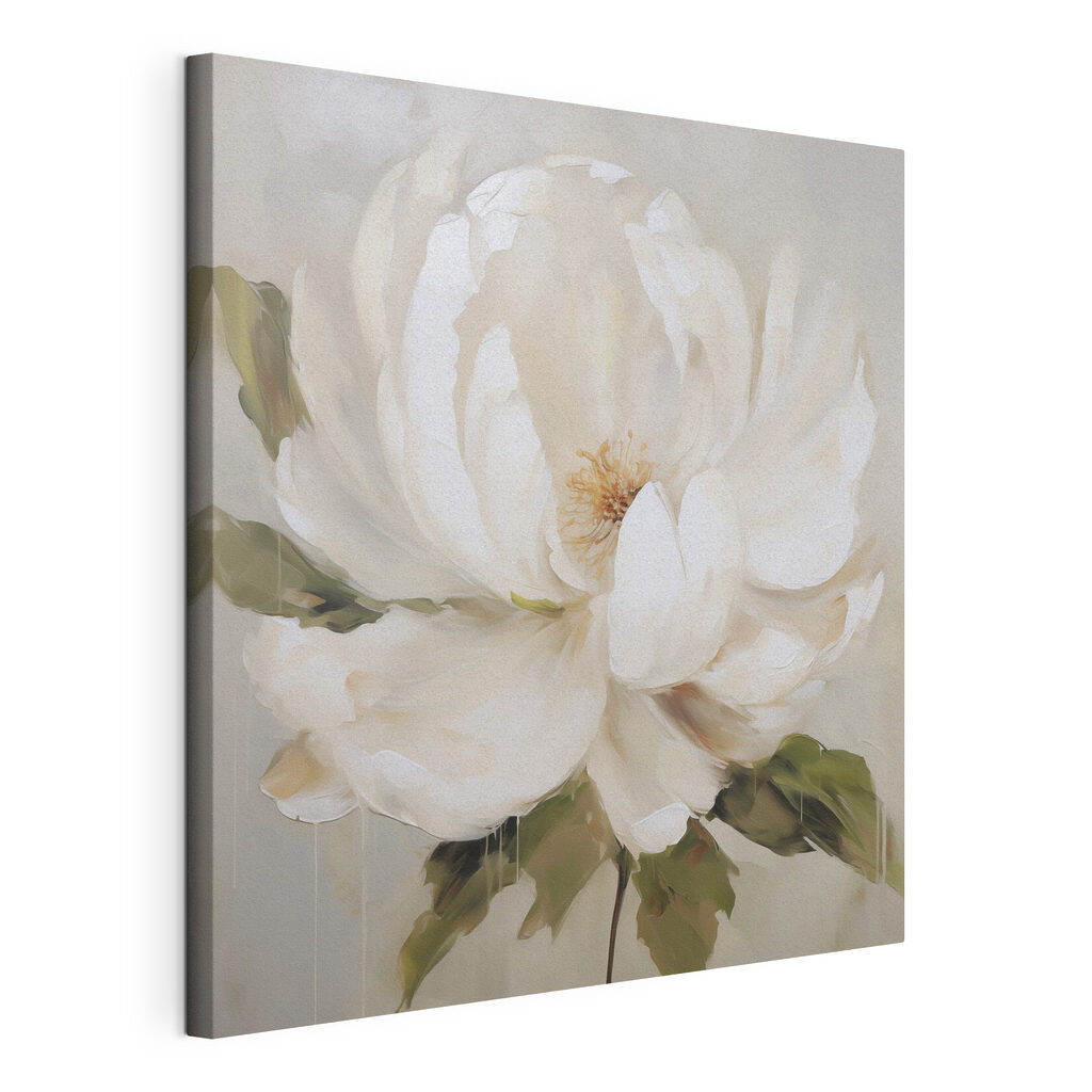 Pivoine blanche au pinceau, toile tendue et bord enveloppé