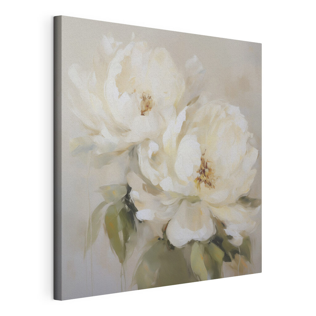 Deux pivoines blanc crème, toile tendue et bord enveloppé