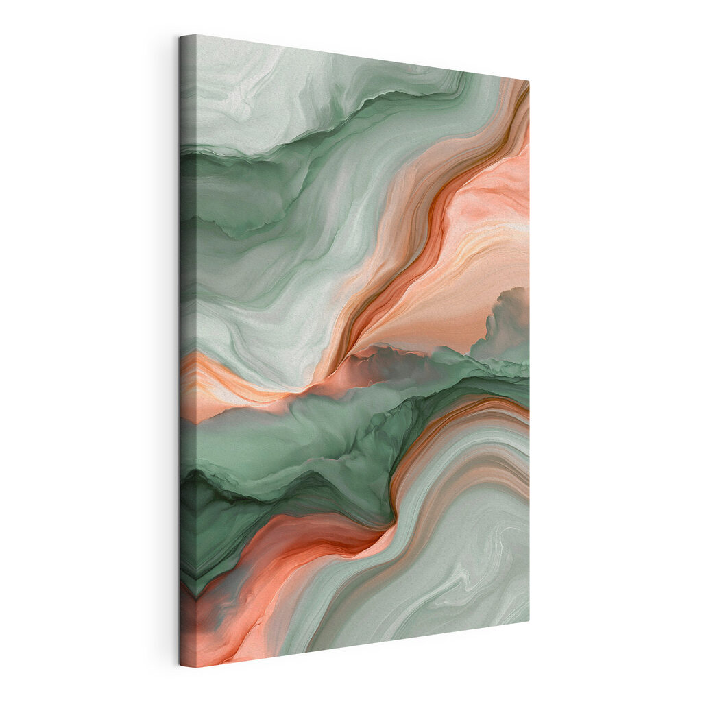 Veines corail sur vert, toile tendue et bord enveloppé