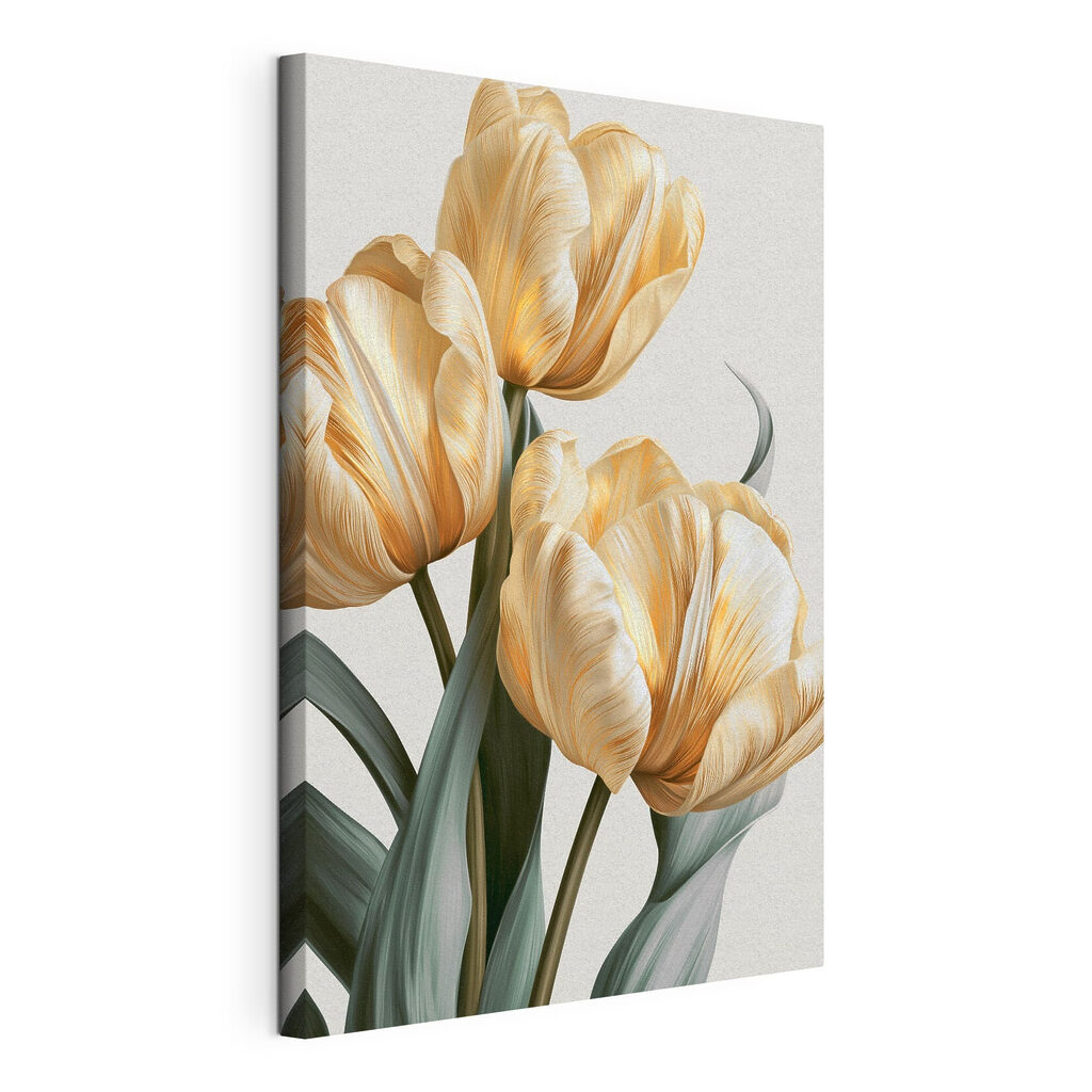 Tulipes dorées sur gris-vert, toile tendue et bord enveloppé