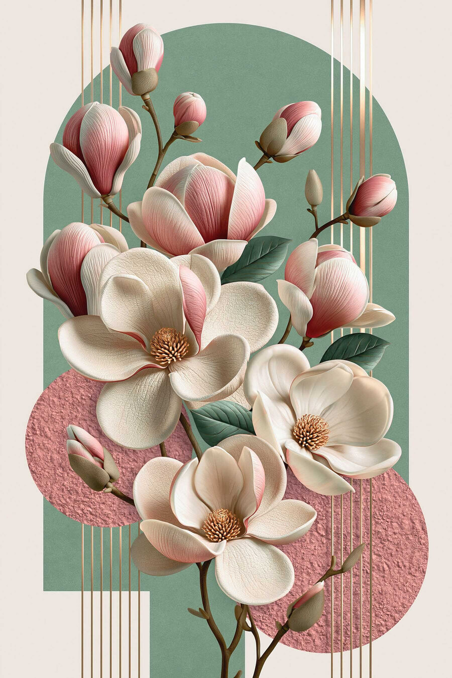Magnolia et cercles roses — motif complet