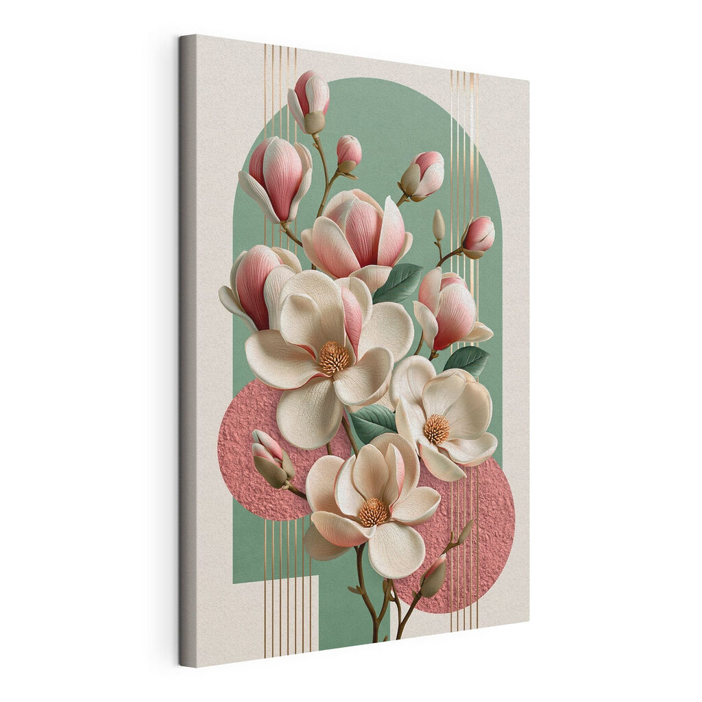 Magnolia et cercles roses, toile tendue et bord enveloppé