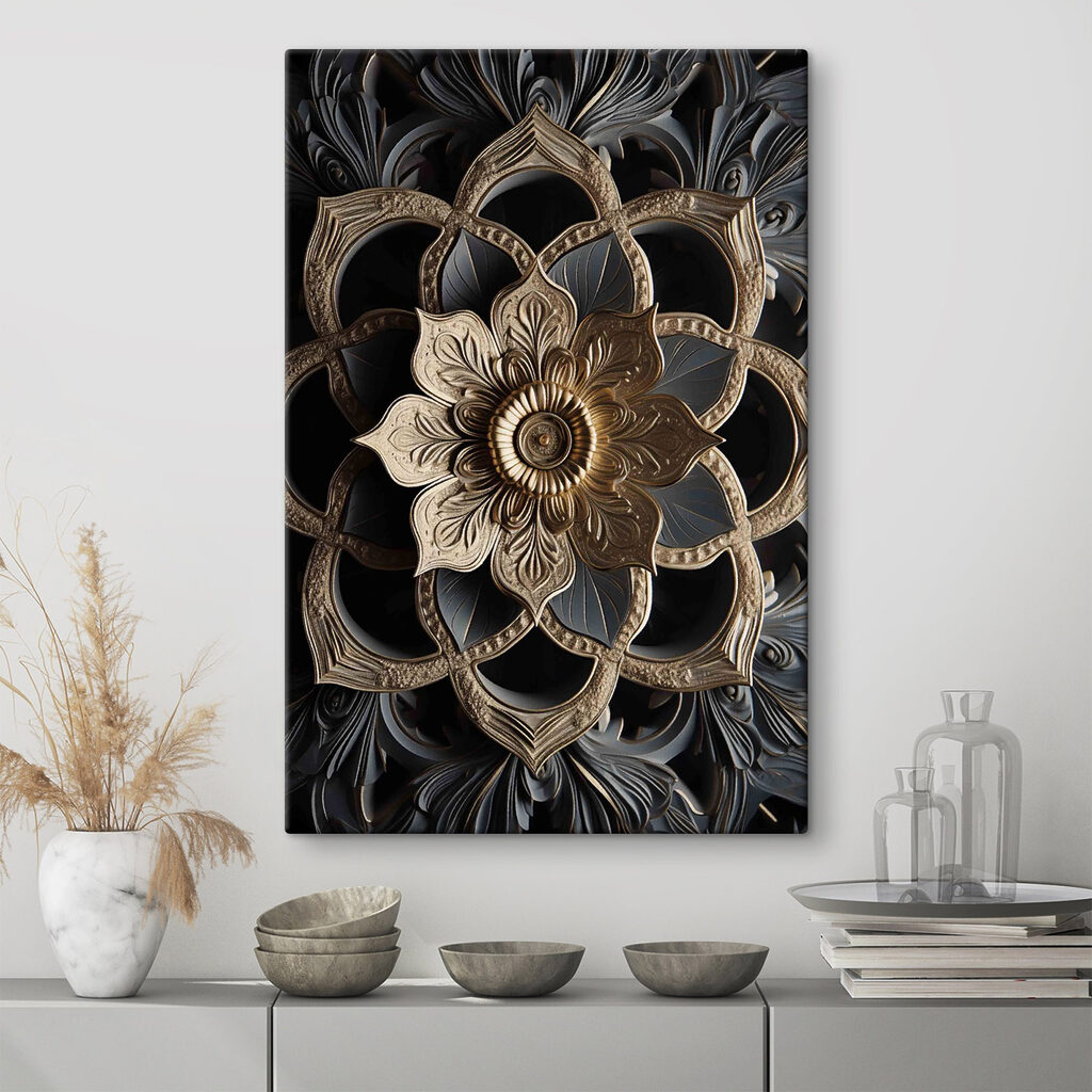 Mandala doré sur anthracite dans un intérieur