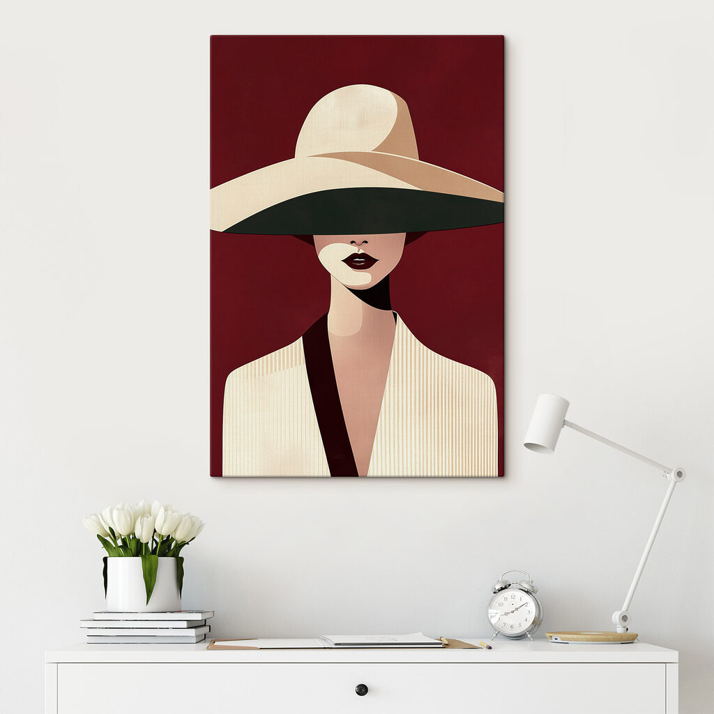 Grand chapeau sur bordeaux dans un intérieur