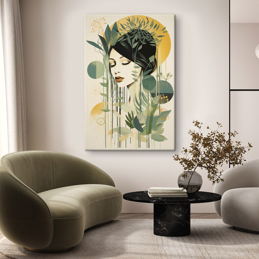 Femme aux rameaux olive dans un intérieur