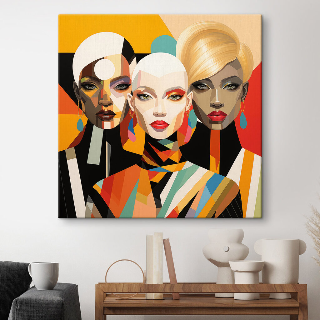 Trio féminin en aplats dans un intérieur