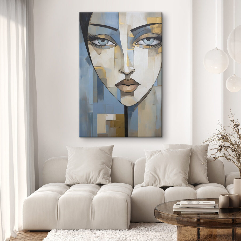 Yeux bleus, traces dorées dans un intérieur