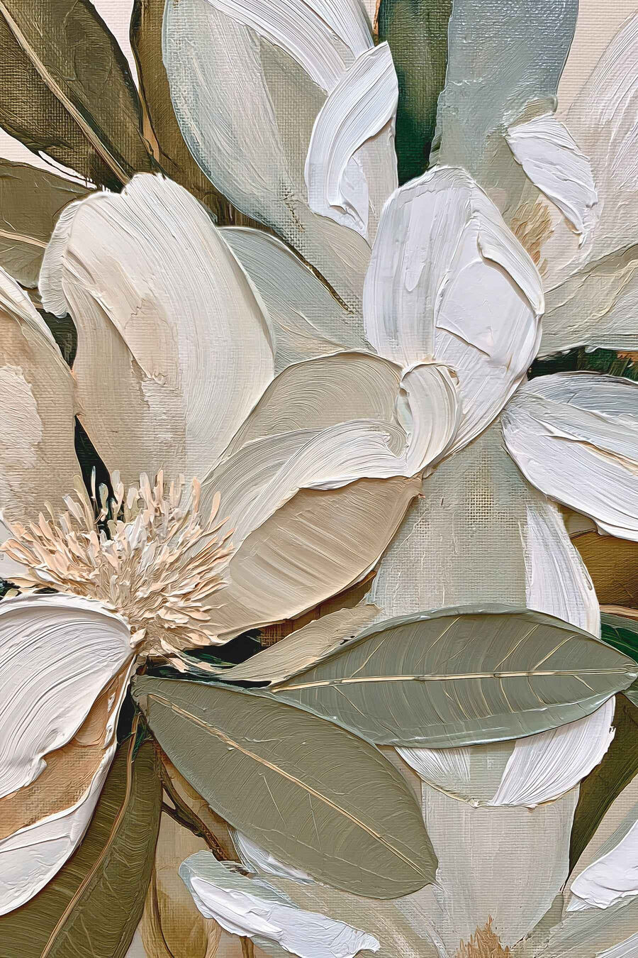 Floraison blanche, feuilles olive — motif complet