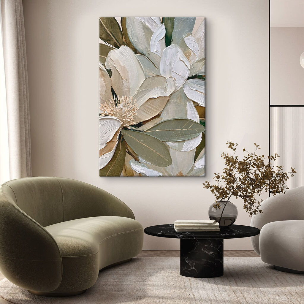 Floraison blanche, feuilles olive — intérieur 1