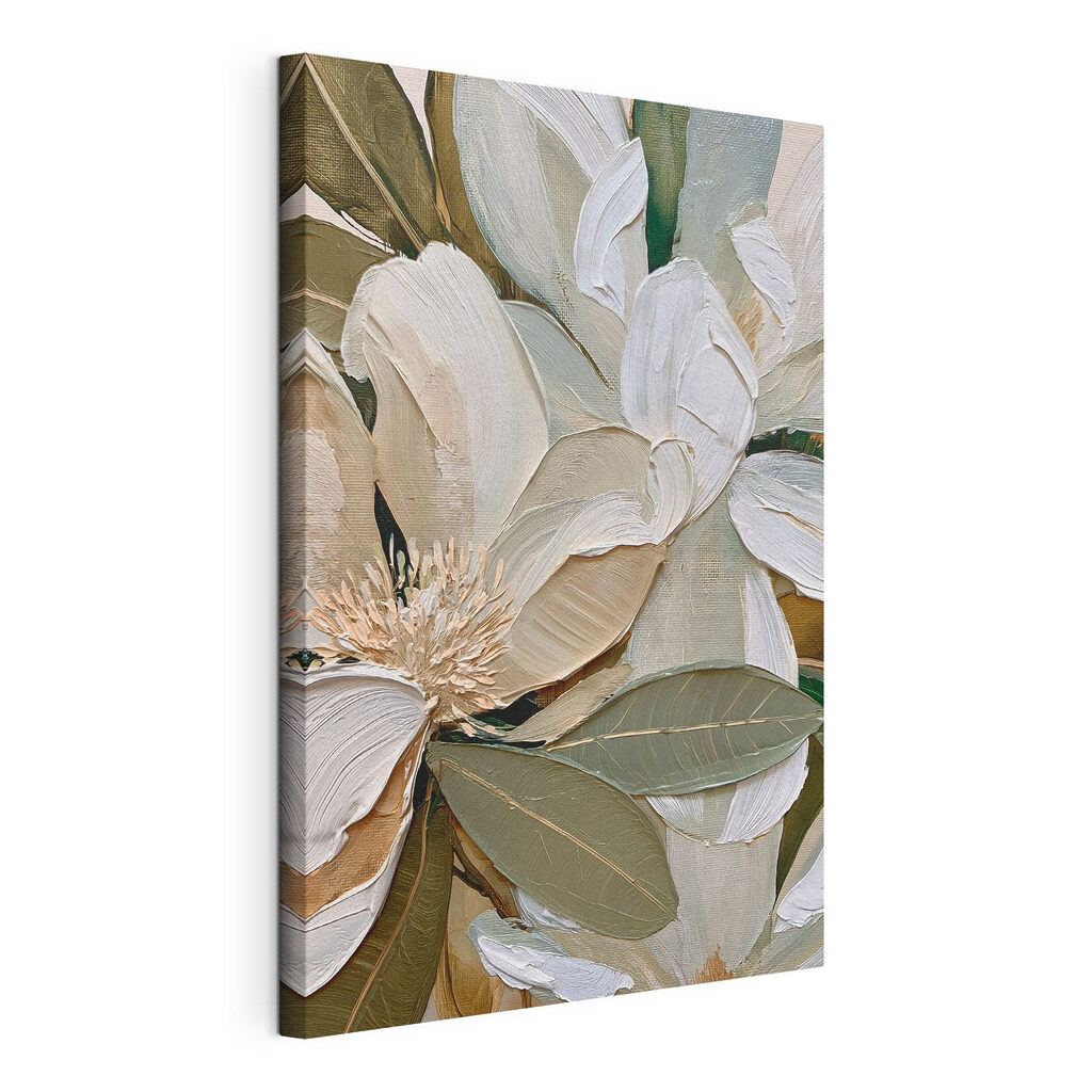 Floraison blanche, feuilles olive, toile tendue et bord enveloppé