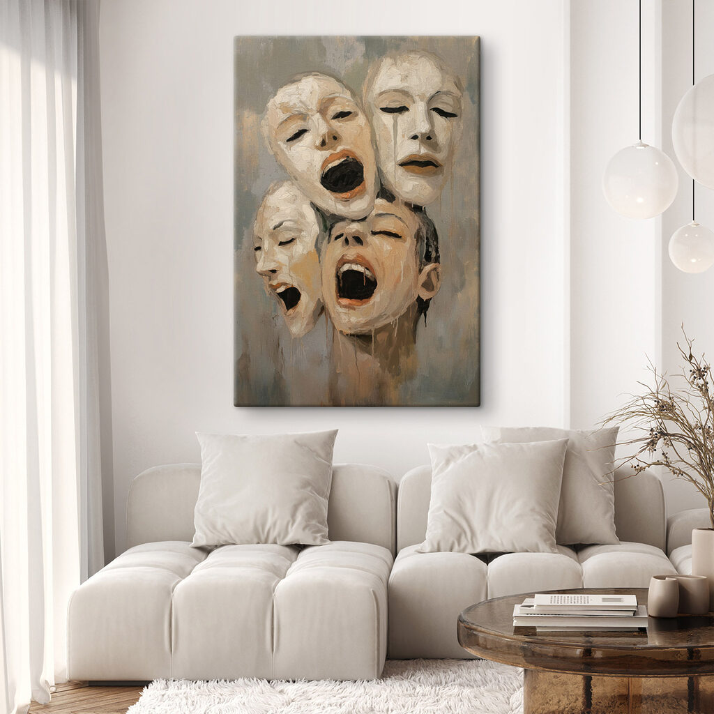Quatre visages expressifs dans un intérieur