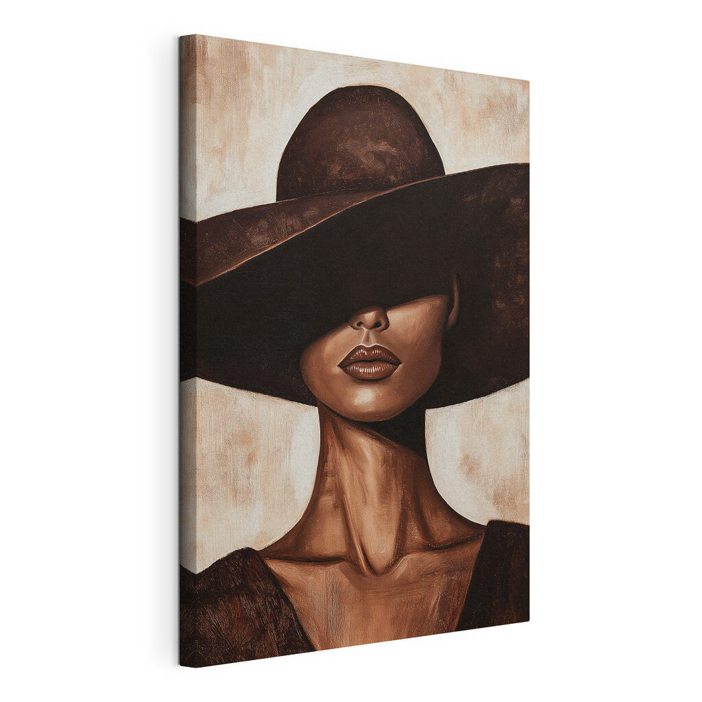 Femme au chapeau sombre, toile tendue et bord enveloppé