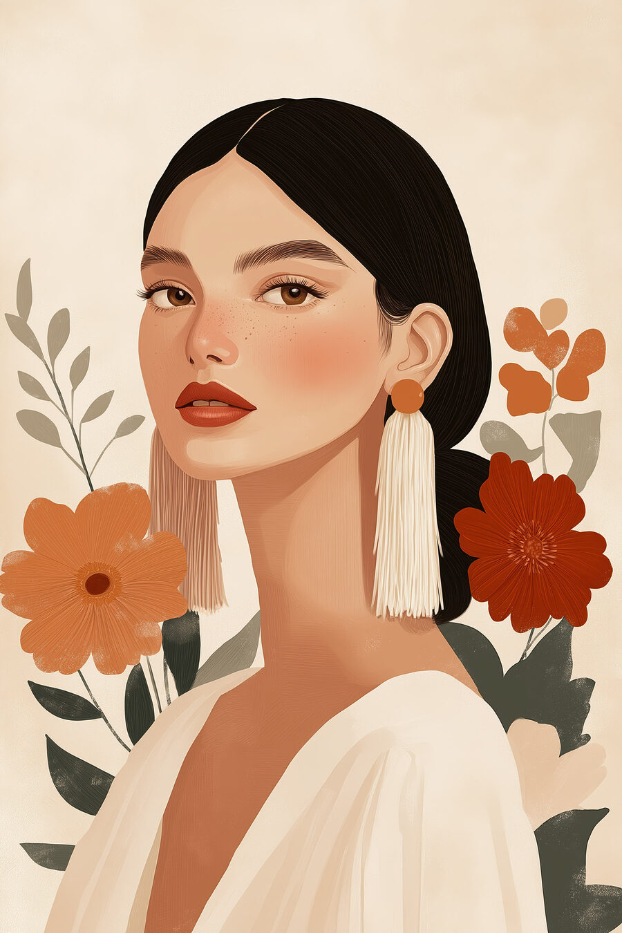 Femme aux fleurs orange — motif complet