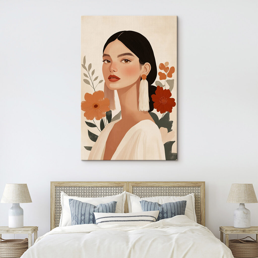 Femme aux fleurs orange dans un intérieur