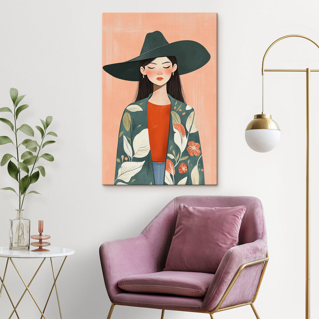 Femme en veste fleurie dans un intérieur