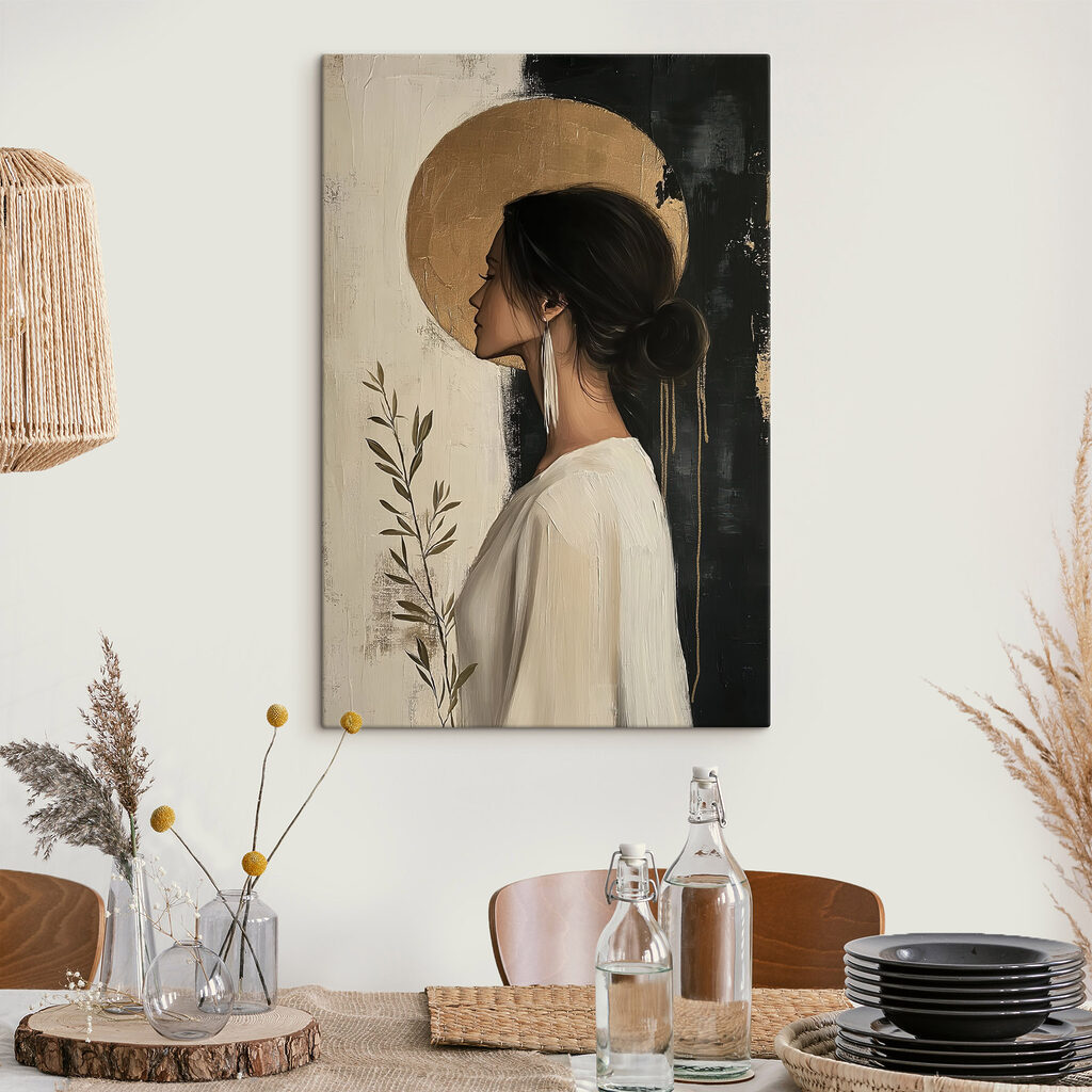 Profil au cercle doré dans un intérieur