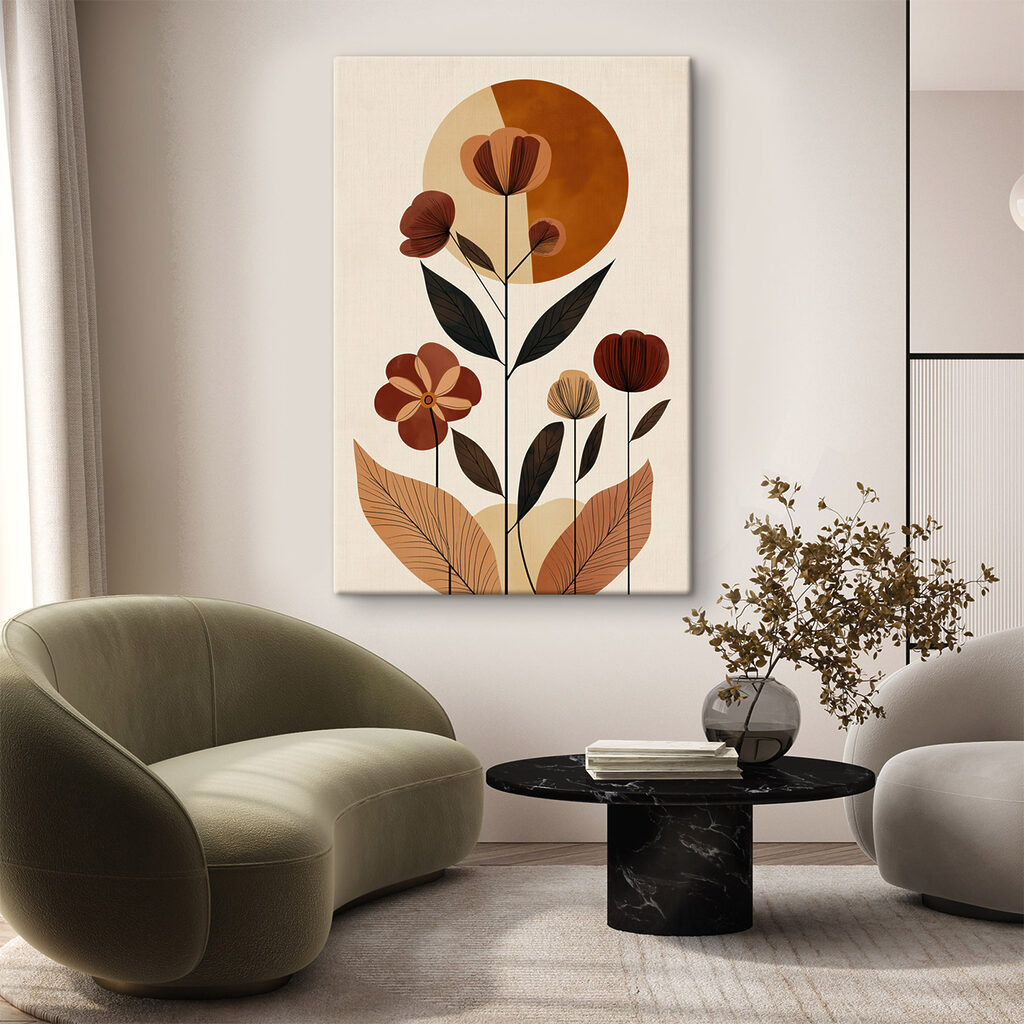 Fleurs orange, feuilles sombres dans un intérieur