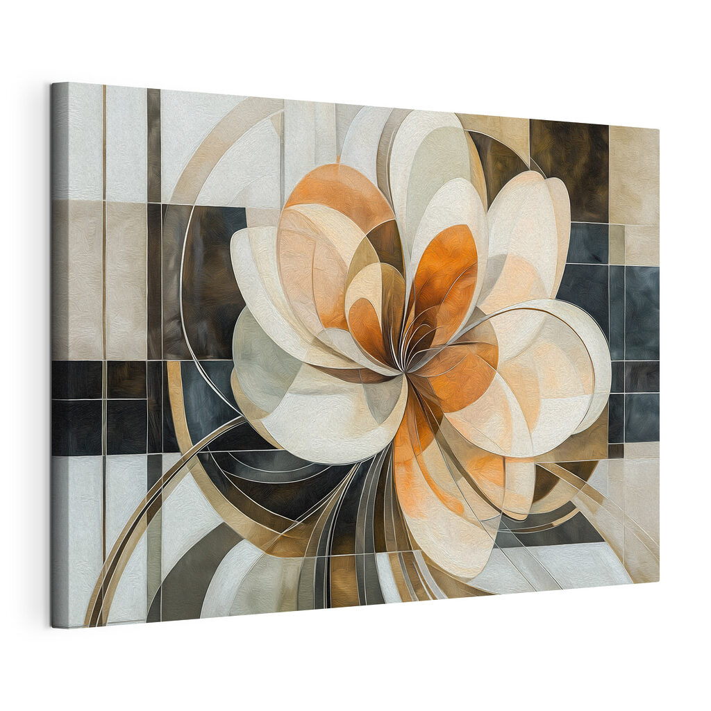 Fleur géométrique et ocre, toile tendue et bord enveloppé