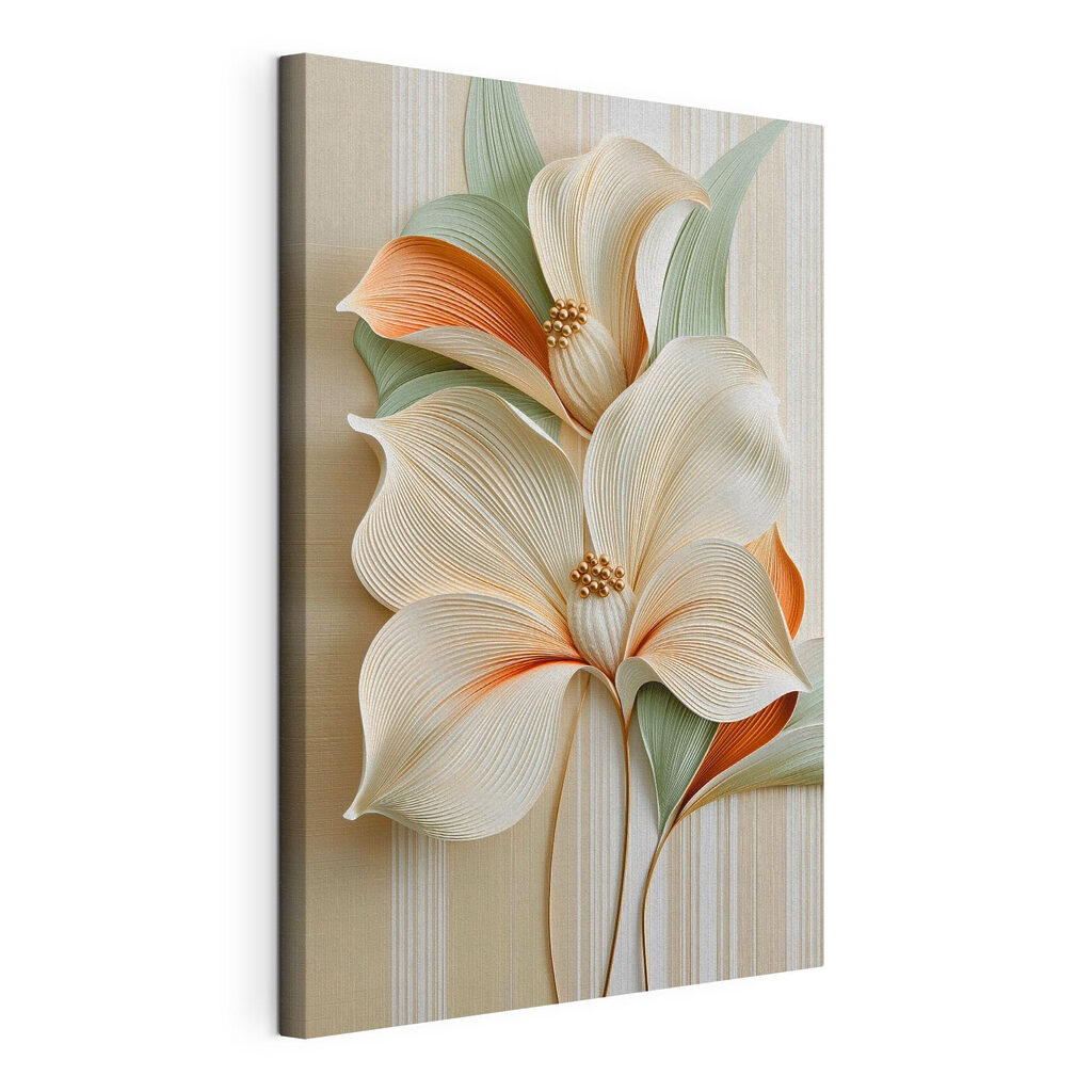 Fleurs blanches bordées d’orange, toile tendue et bord enveloppé