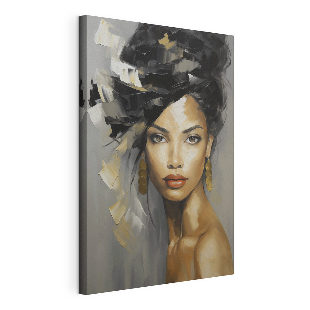 Femme aux cheveux noirs, toile tendue et bord enveloppé