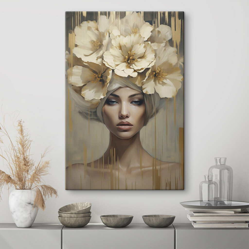 Visage auréolé de fleurs dans un intérieur