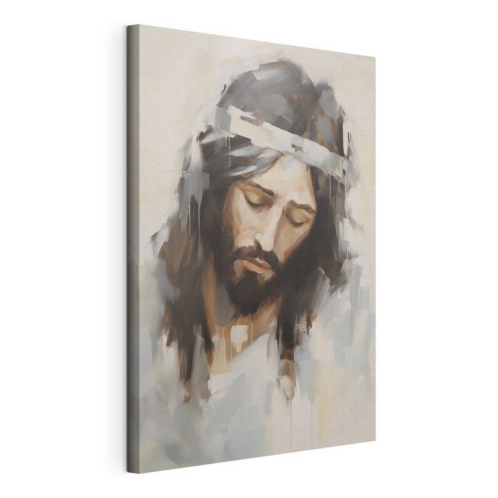 Jésus aux tons patinés, toile tendue et bord enveloppé