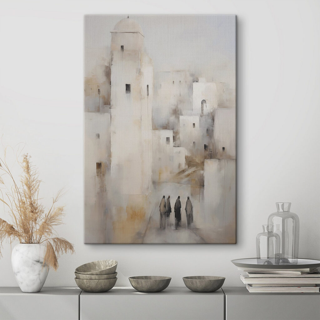 Ville blanche et promeneurs dans un intérieur